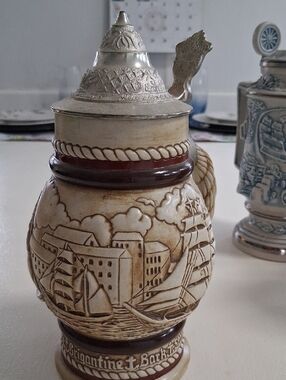 Avon Cream and Brown Carved Nautical Ceramic Stein with Pewter-Tone Lid